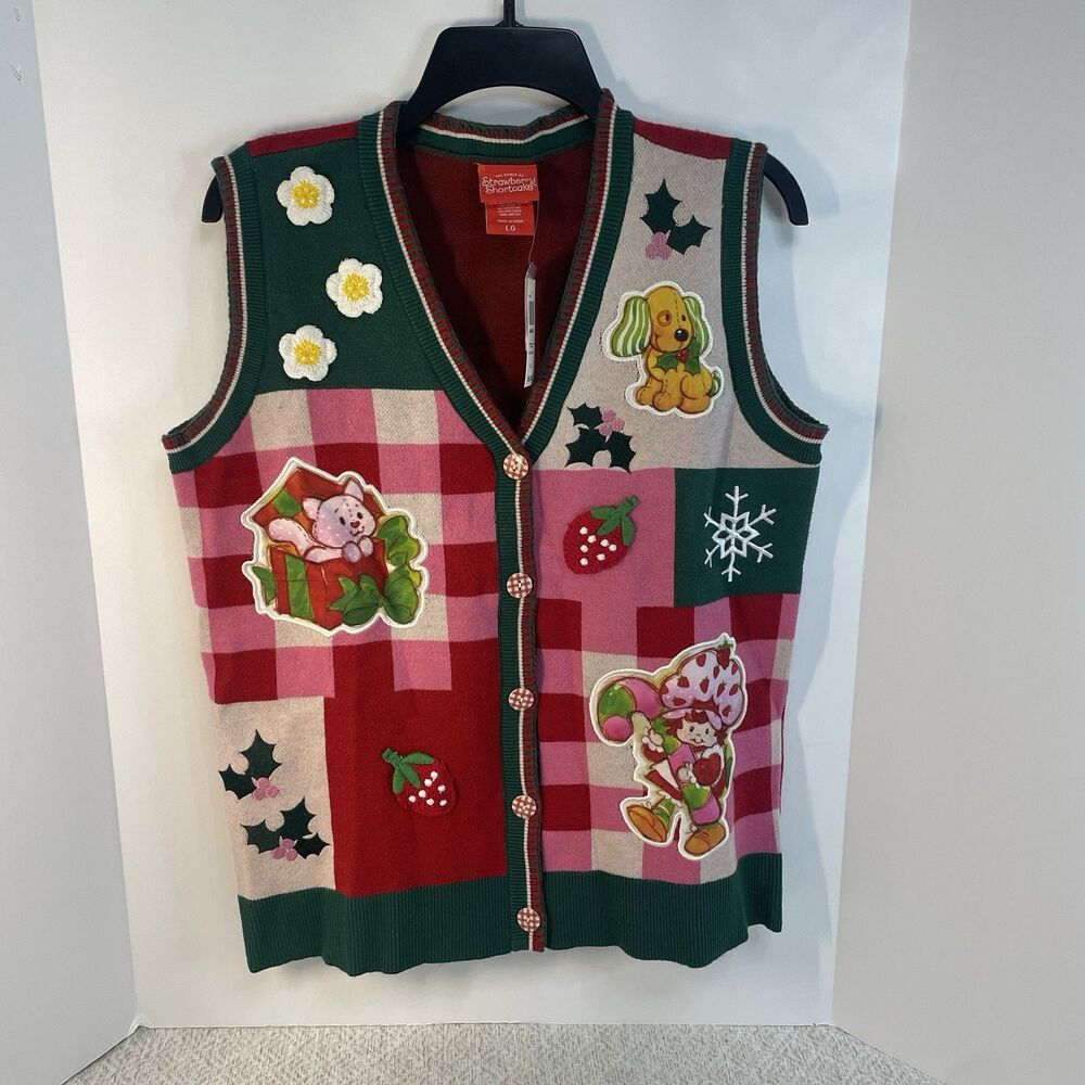 Strawberry Shortcake Holiday Patchwork Womens M Sweater Vest BoxLunch Exclusive